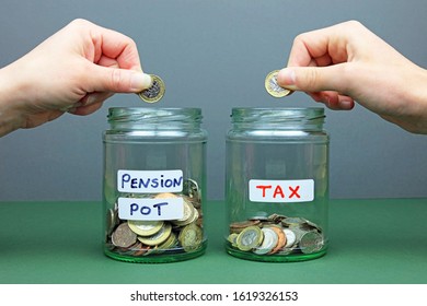 Hands Putting Pound Coins In To A Pension Pot And A Tax Pot. The Amount Of Tax You Pay From Your Pension Fund Concept.