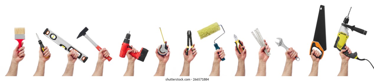 Hands raised holding different tools - Powered by Shutterstock