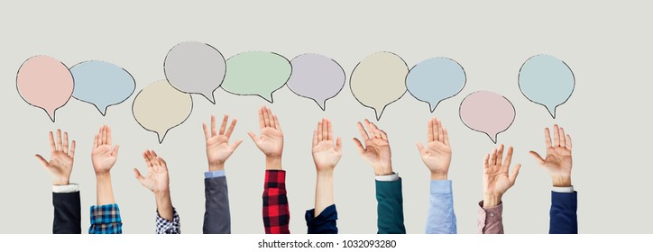 Hands raised with speech bubble