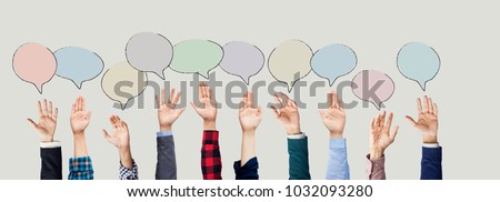Hands raised with speech bubble