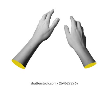 Hands reaching forward with open spread fingers and smooth wrist. Pair of female arms extending ahead in gentle gesture expressing motion and communication. Isolated on white background.