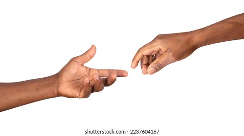 Hands reaching out to help or give. Two male hands trying to touch like in the creation of Adam isolated on white background - Shutterstock ID 2237604167