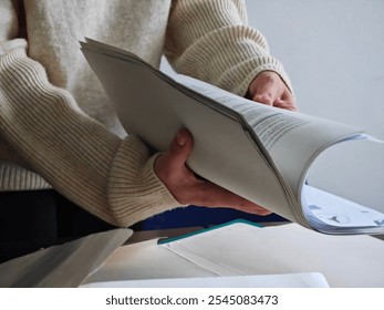 hands, reading documents, office worker women checking papers preparing for meeting