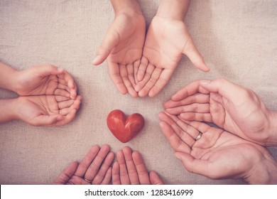 Hands And Red Heart, Health Insurance, Happy Donation Volunteer Charity Concept, First Aid, Foster Care Home, Mental Health