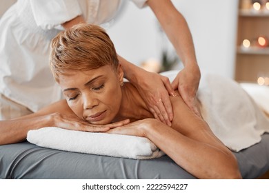 Hands, Relax And Black Woman At A Spa For A Massage For Back Pain And Body Physical Therapy. Relaxing, Massage Therapist And Peaceful Person Resting And Enjoys Healthy Luxury Healing Oil Treatment