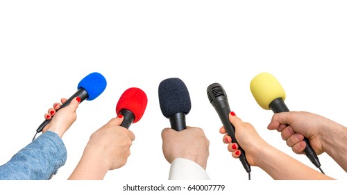 Hands of reporters with many microphones - journalism and broadcasting concept - isolated on white