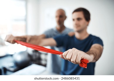 Hands, resistance band for strength training and man with physiotherapist in office for stretching. Exercise, fitness and healthcare professional with physiotherapy patient in rehabilitation clinic - Powered by Shutterstock