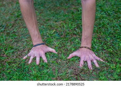 Hands Resting On The Wet Grass Connecting To The Ground. Horizon