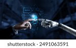 Hands of robot and human connect artificial intelligence AI circuit board to virtual smart chatbot with a command for automation generate, learning technology artificial intelligence machine, AI. 