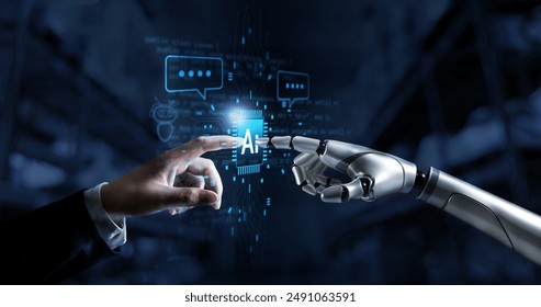 Hands of robot and human connect artificial intelligence AI circuit board to virtual smart chatbot with a command for automation generate, learning technology artificial intelligence machine, AI. 