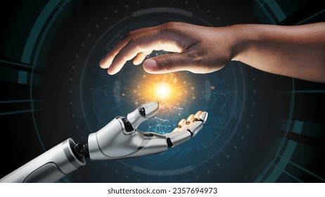 Hands of robot and human holding big data of global network connection. Cooperation between people and machine technology concept. AI technology development and global robotic science. - Powered by Shutterstock