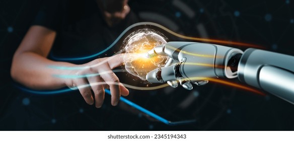 Hands of robot and human touching big data of global network connection. Futuristic science and artificial intelligence digital technology. AI technology development and global robotic science.