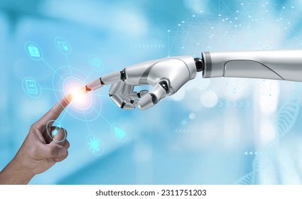 Hands of robot and human touching medical healthcare practices operation surgical, with performance  with graphical icon display. Science and innovation, Artificial intelligence technology concept. - Shutterstock ID 2311751203