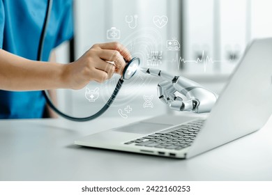 Hands of robot and human touching medical icons interface virtual screen, with performance with graphical icon display. Science and innovation, medical Artificial intelligence technology concept. - Powered by Shutterstock