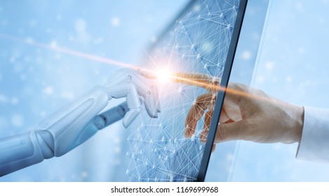 Hands of robot and human touching on global virtual network connection future interface. Artificial intelligence technology concept. 