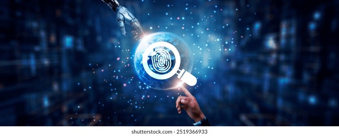 Hands of robot and human touching on digital forensics icon global network connection, cybersecurity, data recovery, incident response, and artificial intelligence technology.