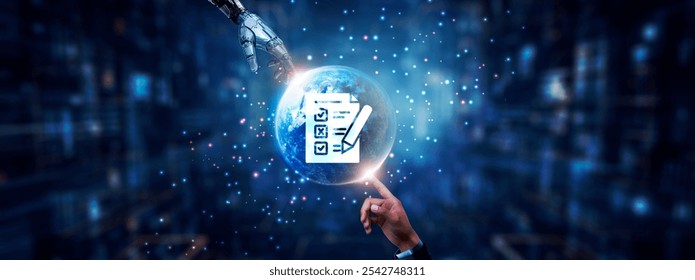 Hands of robot and human touching on assessment icon, global network connection, data analysis, performance metrics, and artificial intelligence technology.