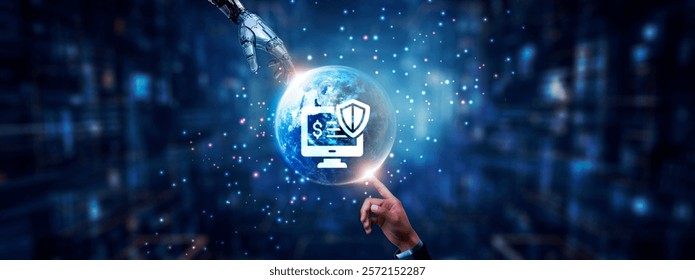 Hands of robot and human touching on insurance icon global network connection, risk assessment, claims processing, fraud detection, and artificial intelligence technology.






