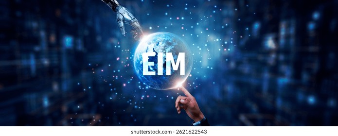 Hands of robot and human touching on EIM (Enterprise Information Management) icon global network connection, data integration, information governance, and artificial intelligence technology.