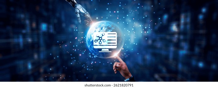 Hands of robot and human touching on data science Icon global network connection, machine learning algorithms, predictive analytics, big data processing, and artificial intelligence technology.