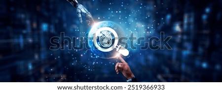 Hands of robot and human touching on digital forensics icon global network connection, cybersecurity, data recovery, incident response, and artificial intelligence technology.