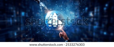 Hands of robot and human touching on aerospace icon global network connection, satellite communications, advanced materials research, and artificial intelligence technology.