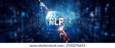 Hands of robot and human touching on NLP icon global network connection, language translation, chatbot development, sentiment analysis, and artificial intelligence technology.