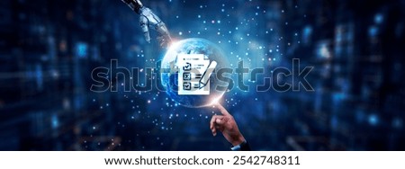 Hands of robot and human touching on assessment icon, global network connection, data analysis, performance metrics, and artificial intelligence technology.