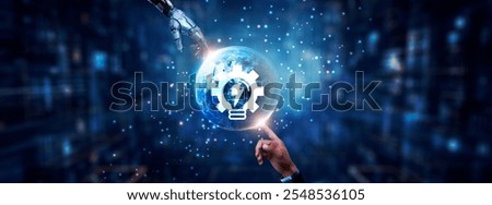 Hands of robot and human touching on energy technology icon, global network connection, renewable resources, smart grids, energy storage, and artificial intelligence technology.
