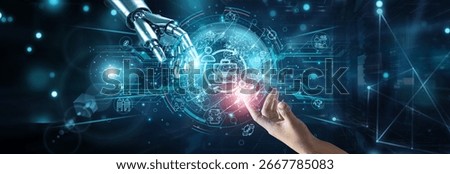 Hands of robot and human touching on B2B business strategy, network connection background, client engagement automation collaboration solutions procurement supplychain integration platform.