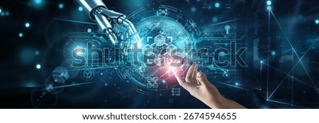 Hands of robot and human touching on blockchain technology, network connection background, decentralization ledger encryption smart contracts security crypto data validation transparency.