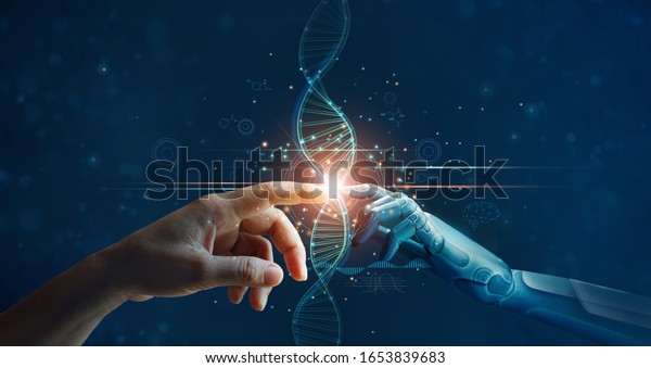 Hands of robot and human touching on\
DNA connecting in virtual interface on future, Science and\
innovation, Artificial intelligence technology\
concept.