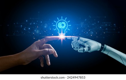 Hands of robot and human touching virtual AI brain data creative in light bulb. Innovation futuristic science and artificial intelligence digital technology global network connection. - Powered by Shutterstock