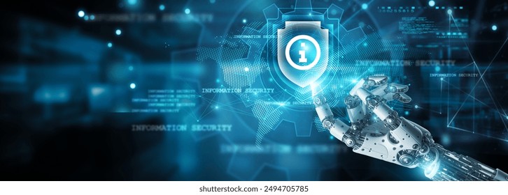 Hands of robot touch firewalls and authentication icon, data transfer on network, cyberattacks, hackers, malware, confidentiality and integrity, security protocols and authentication measures.