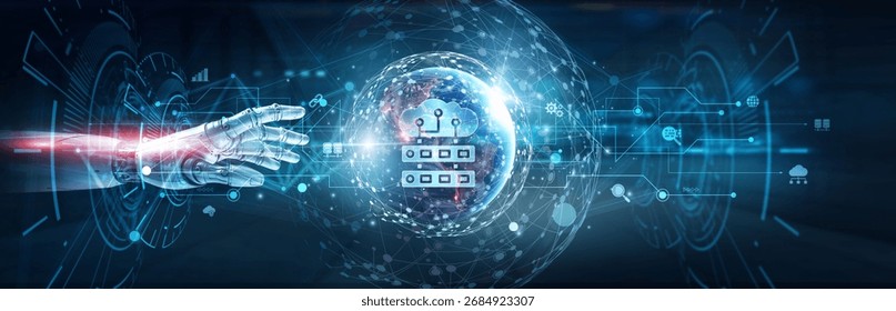 Hands of robot touch on cloud computing network and data storage, virtualization technology, software hosting, scalable infrastructure, remote access, enterprise-level digital services.