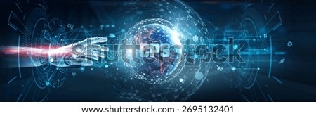 Hands of robot touch on CPS network and industrial automation, IoT integration, real-time control, system security, predictive maintenance, smart technology for connected devices.