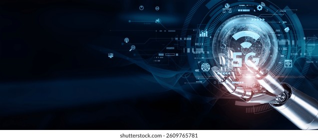 Hands of robots touch 5G technology through low latency, high bandwidth, and edge computing, enabling real-time communication, precise control, and enhanced efficiency in tasks like inspection.