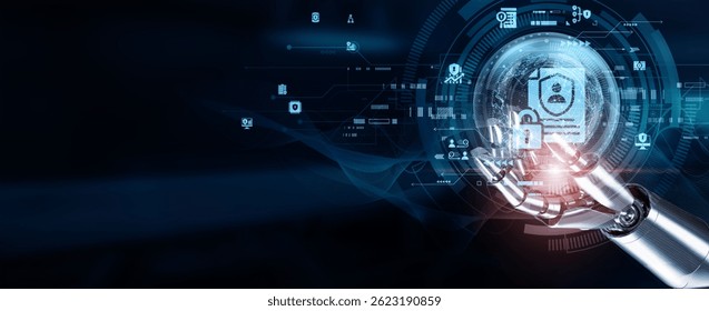 Hands of robots touch data privacy by collecting, storing, and processing personal information like biometrics and identification data. Robots must ensure secure storage and limited processing.