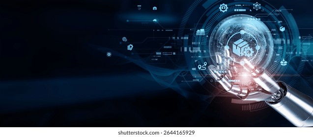 Hands of robots touch supply chain management, streamlining inventory, logistics, and distribution for efficient operations. Using data analytics, automation, and real-time tracking.