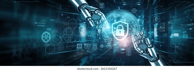 Hands of robots touching on cybersecurity network connections highlight robotics enhancing protection systems. Robots secure data with encryption, detect threats, automate responses, prevent breaches. - Powered by Shutterstock - Get 15% off with code: PIKWIZARD15