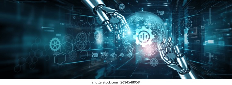 Hands of robots touching on natural language processing network connections highlight robotics enhancing communication systems. NLP enables real-time language understanding recognition, and automation