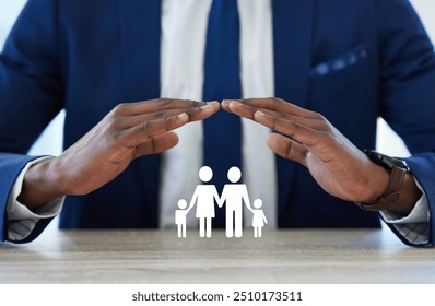 Hands, roof and insurance for family, paper and cutout with protection, support and services in office. Person, agent or consultant with sign, icon and advice for security with risk cover in company - Powered by Shutterstock