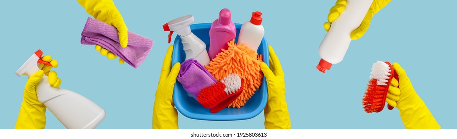 Hands In Rubber Gloves Hold A Basin With Cleaning Supplies And Other Gloved Hands With Cleaning Supplies Banner.