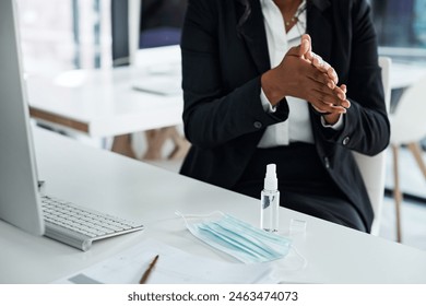 Hands, sanitizer and business with person, hygiene and cleaning with bacteria, compliance and remove dirt. Closeup, agent and employee with covid policy, disinfectant and virus protection in office - Powered by Shutterstock