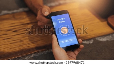 Hands, screen and failed payment on phone, shopping and customer with limited funds for purchase in store. Closeup, tech and person with frozen bank account, notification and card expiration in shop