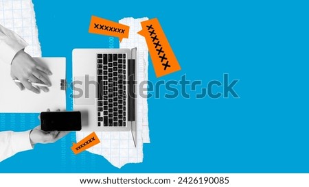 Hands securing digital devices with visual password symbols on a blue background. Password strength checker tool for enhancing account security. Concept of cybersecurity, modern technologies, data