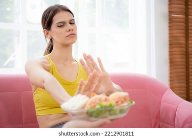 Hands Serving Food And Young Caucasian Woman Making Sign Say No Food Unhealthy With Obese, Woman Refuse And Push Out Food With Temptation For Dieting, Nutrition And Fast Food A Bad, Health Concepts.