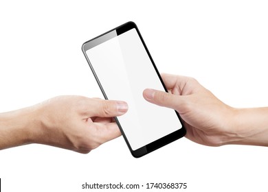 Hands Sharing Black Smartphone, Isolated On White Background