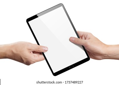 Hands Sharing Black Tablet, Isolated On White Background