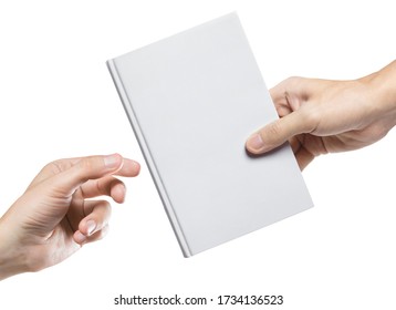 Hands sharing blank book, isolated on white background